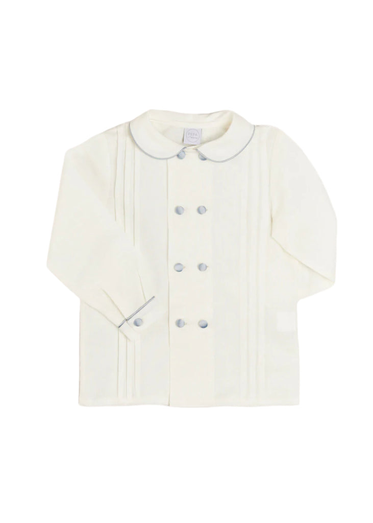 Double-Breasted Peter Pan Collar Long Sleeve Shirt with Blue Silk Piping (18mths-10yrs) Shirts from Pepa London