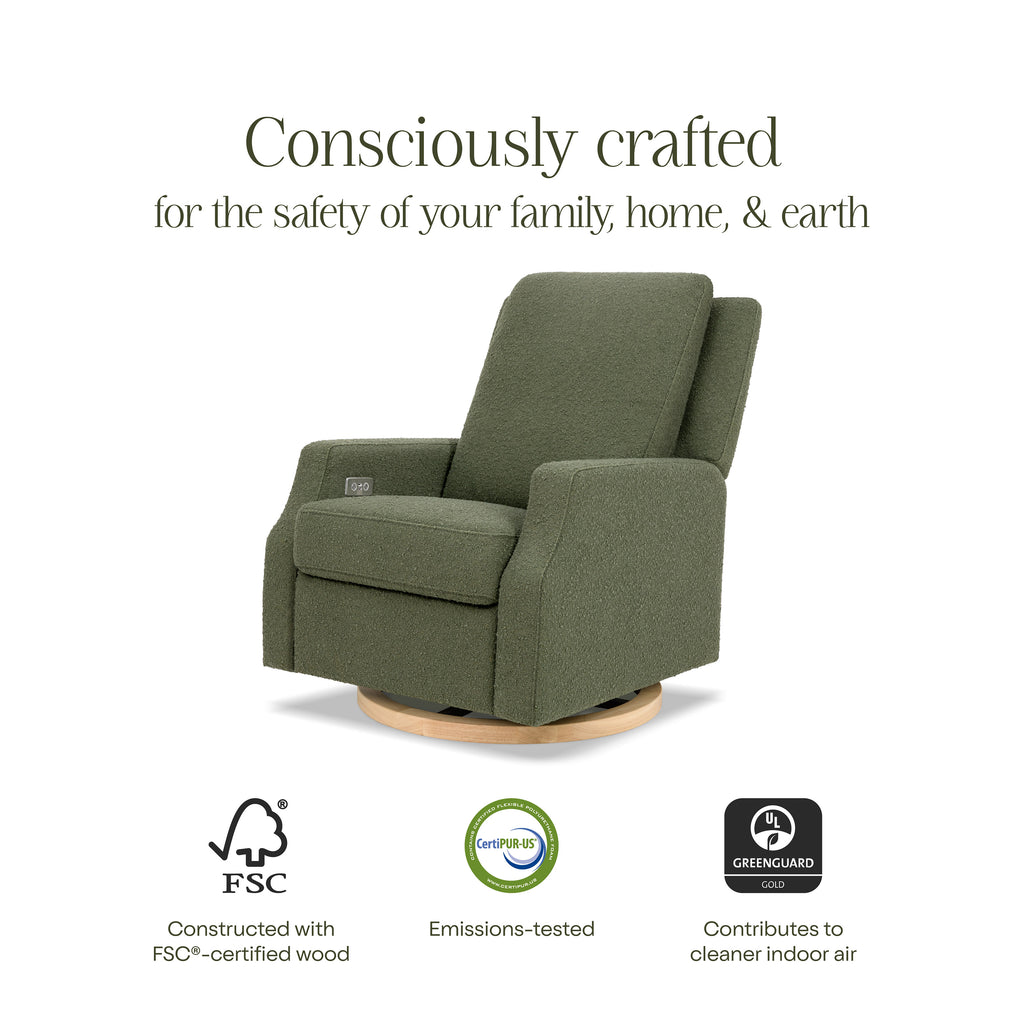 Crewe Electronic Recliner and Swivel Glider in Olive Boucle with Light Wood Base