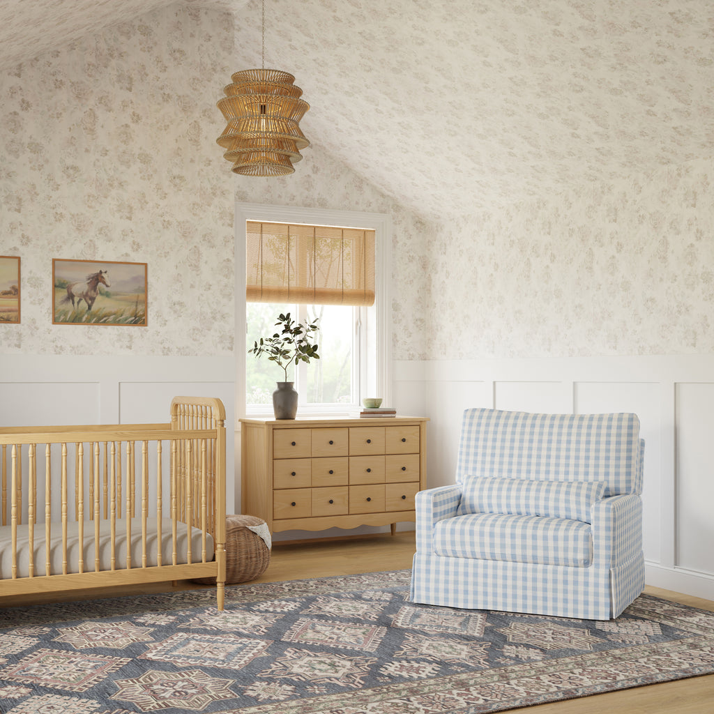 Crawford Pillowback Chair and a Half Comfort Swivel Glider in Blue Gingham