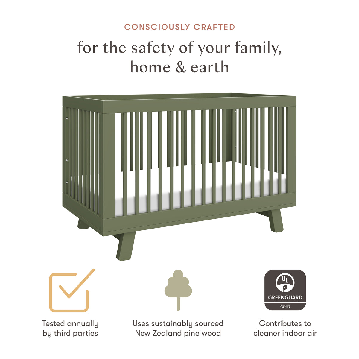 Hudson 3-in-1 Convertible Crib with Toddler Bed Conversion Kit in Olive