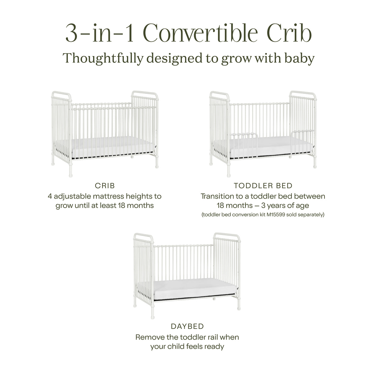 Abigail 3-in-1 Convertible Crib in Washed White