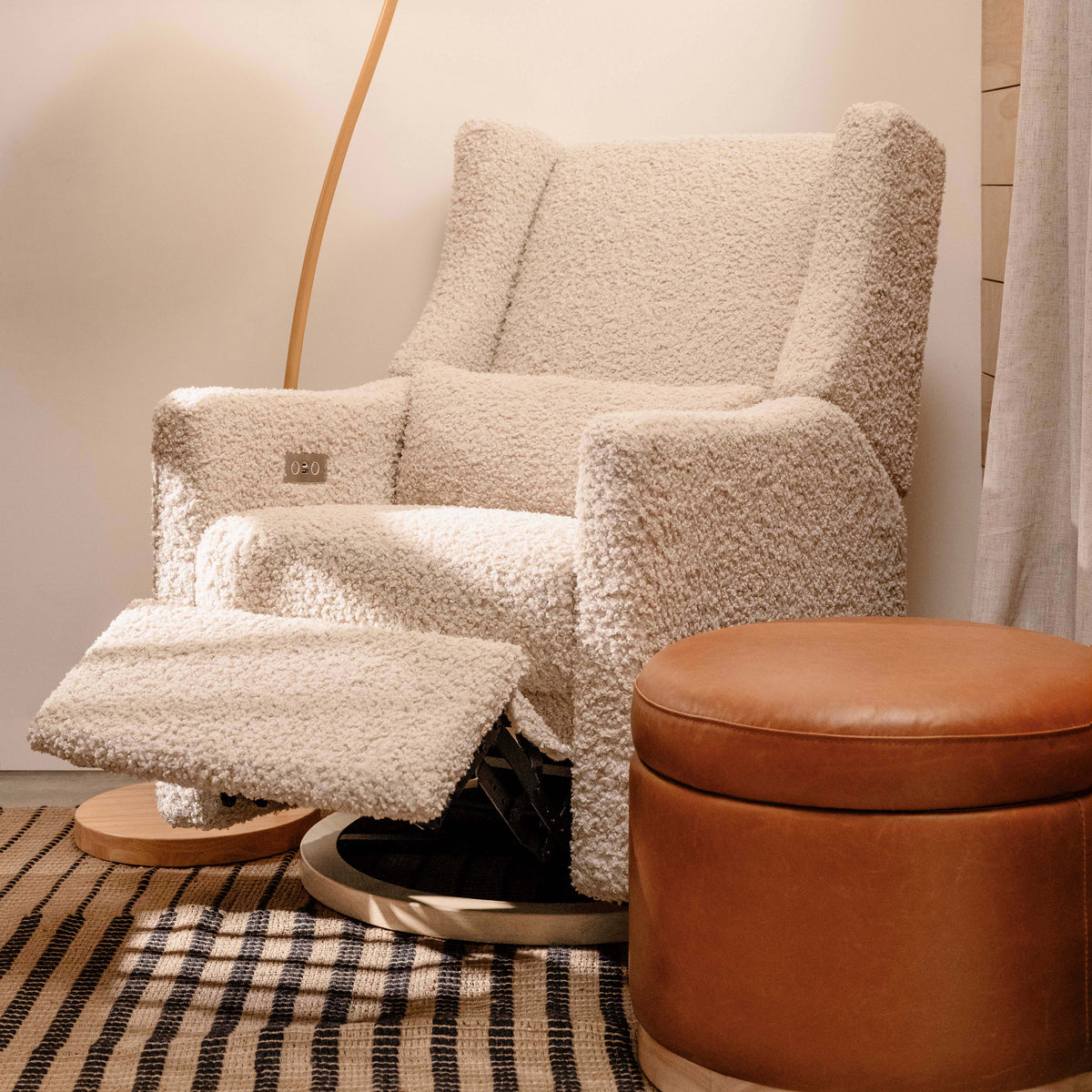 Kiwi Electronic Recliner and Swivel Glider with USB port in Almond Teddy Loop with Light Wood Base