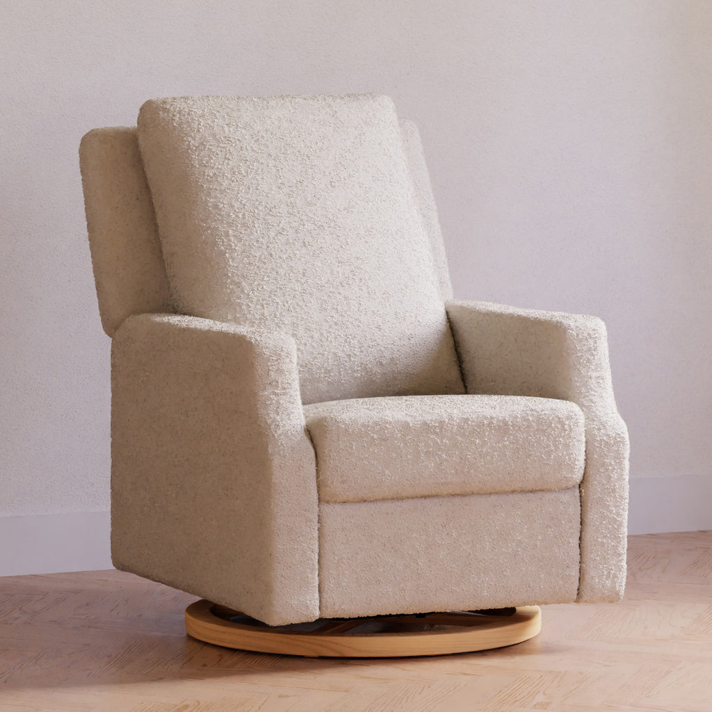 Crewe Electronic Recliner and Swivel Glider in Ivory Boucle with Light Wood Base