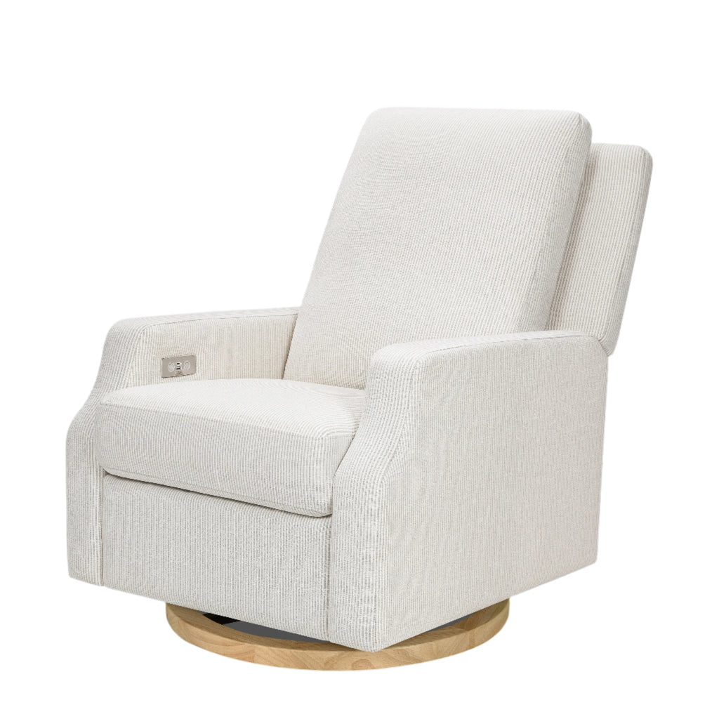 Crewe Electronic Recliner and Swivel Glider in Fog Chatham Stripe Performance Eco-Weave with Light Wood Base