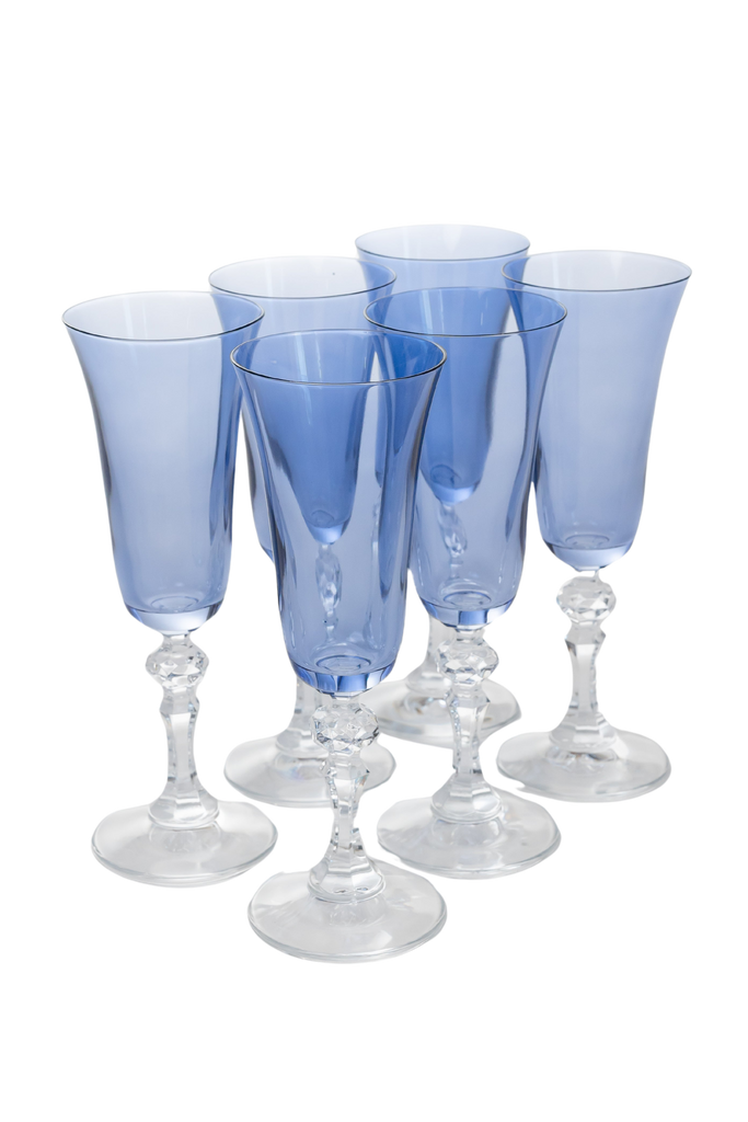 Estelle Colored Regal Flute With Clear Stem, Set of 6 in Cobalt Blue