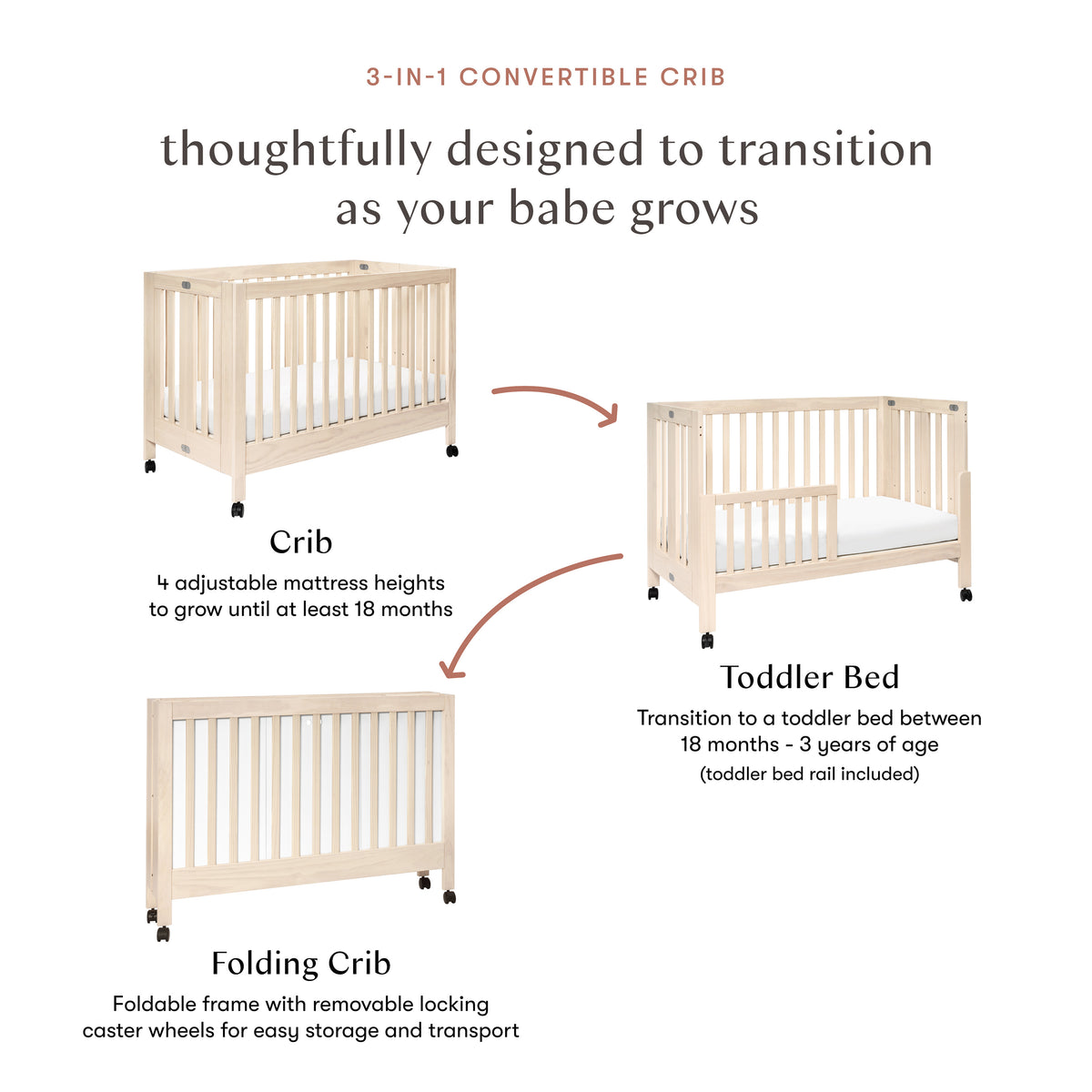 Maki Portable Folding Crib with Toddler Bed Conversion Kit in Washed Natural