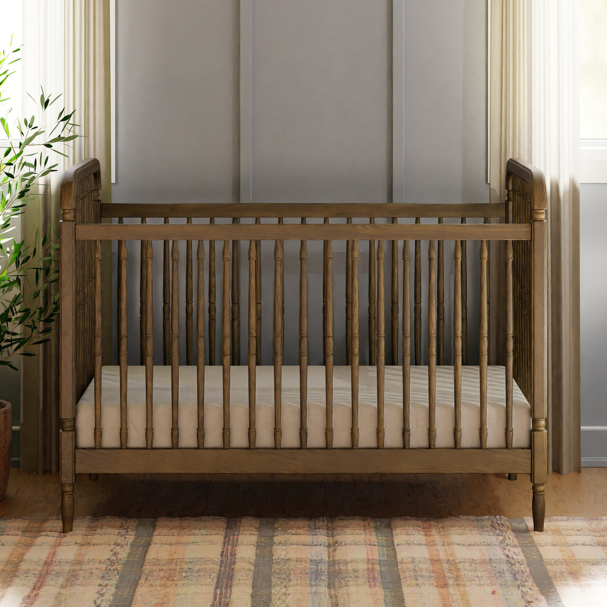 Liberty 3-in-1 Convertible Spindle Crib with Toddler Bed Conversion Kit in Natural Walnut