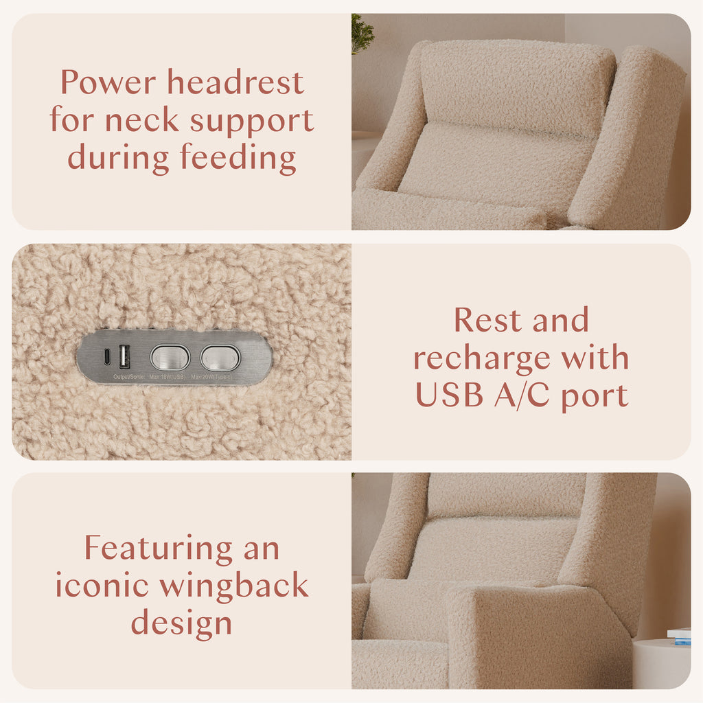 Kiwi Plus Power Recliner and Swivel Glider with Power Adjustable Headrest and USB Port in Chai Shearling