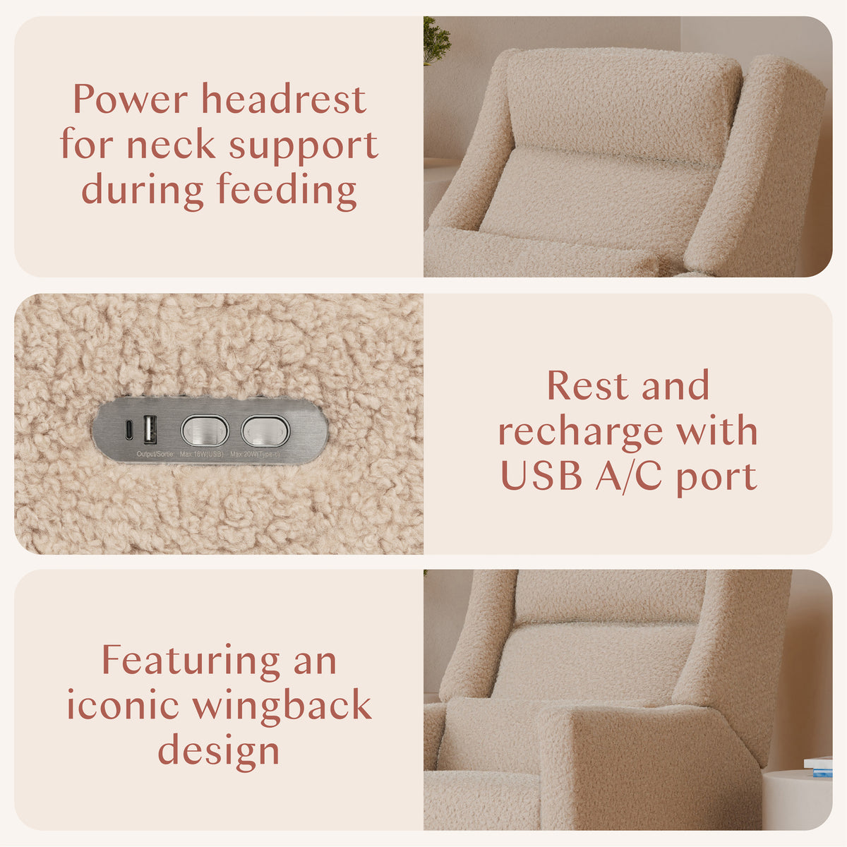 Kiwi Plus Power Recliner and Swivel Glider with Power Adjustable Headrest and USB Port in Chai Shearling
