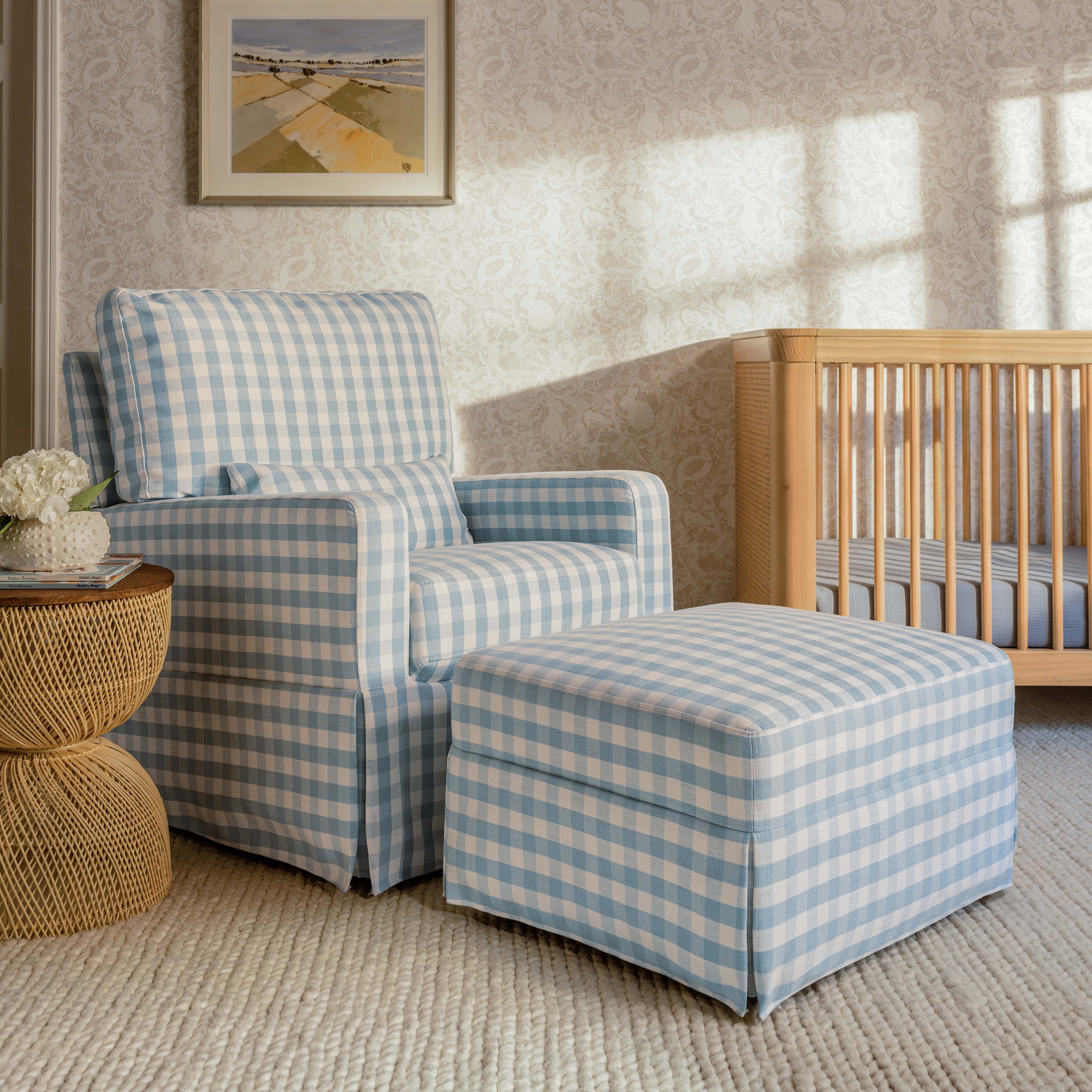 Crawford Gliding Ottoman in Blue Gingham