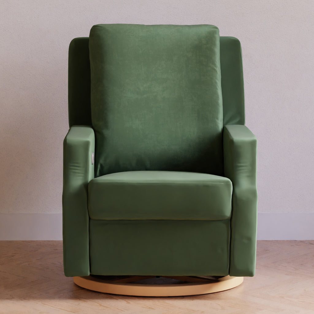 Crewe Electronic Recliner and Swivel Glider in Forest Green Velvet with Light Wood Base