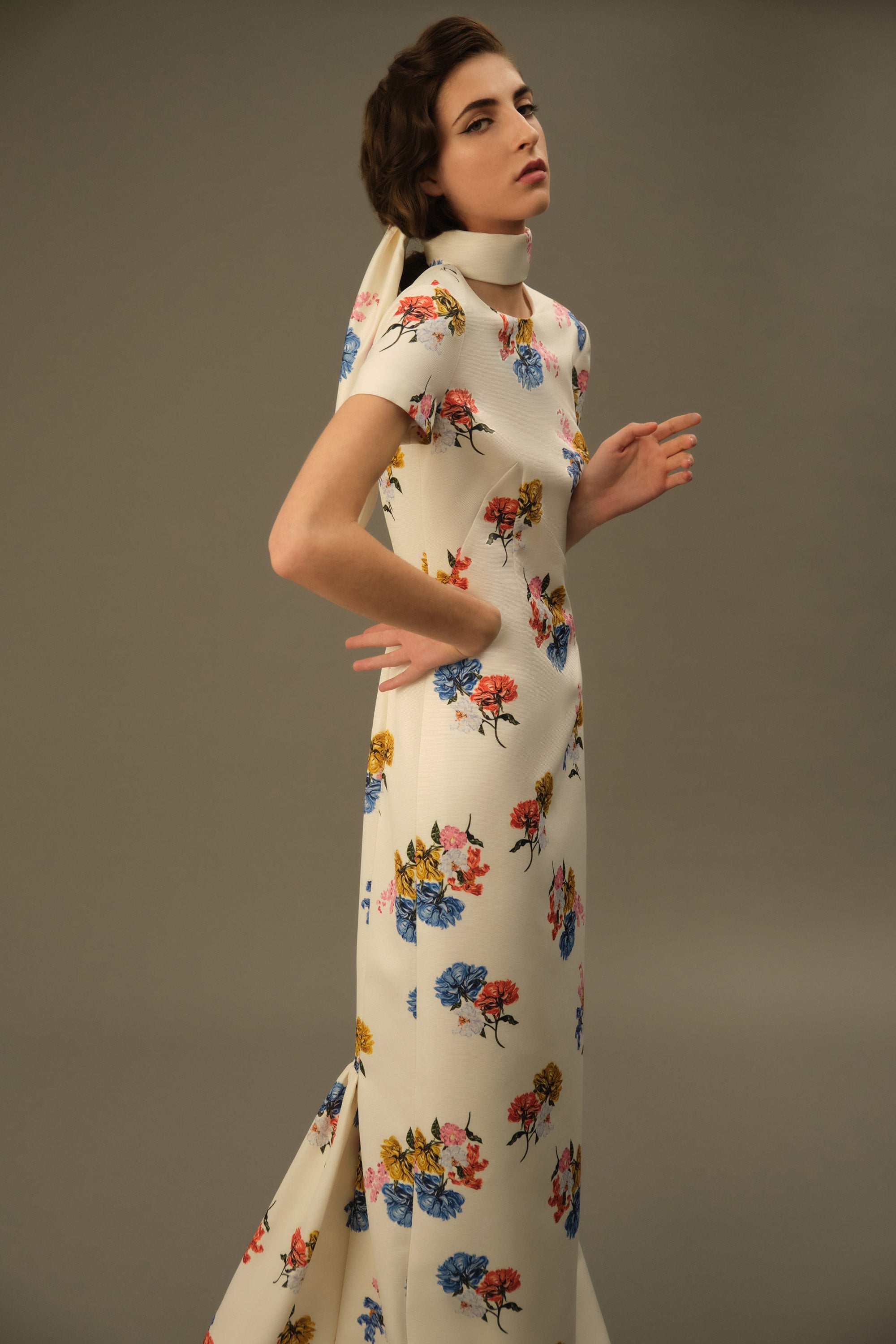Model wears Fosette Dress In Retro Bouquet On White Taffeta Faille | Emilia Wickstead
