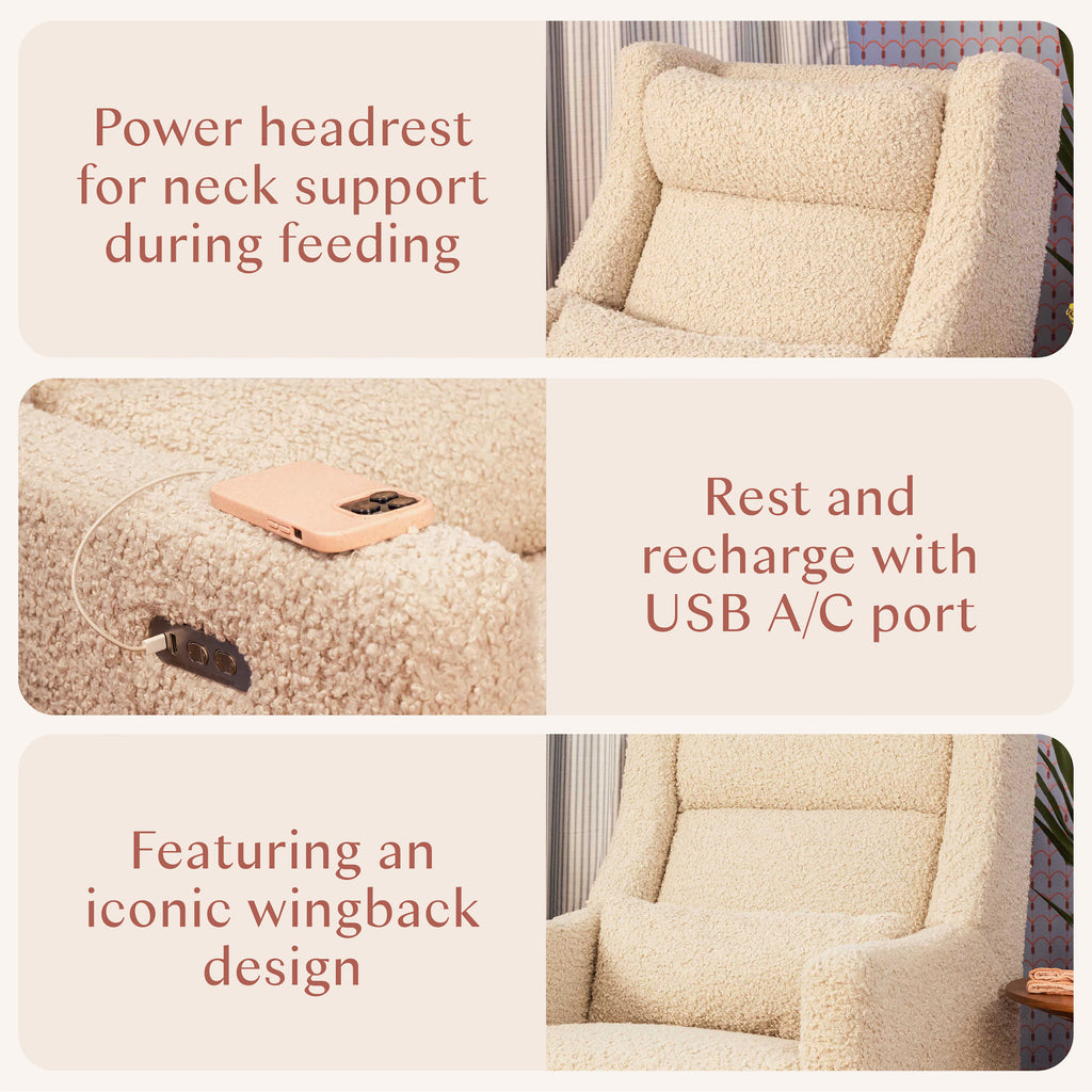 Kiwi Plus Power Recliner and Swivel Glider with Power Adjustable Headrest and USB Port in Almond Teddy Loop