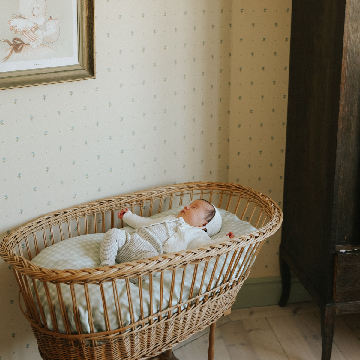 Picnic Gingham Green Crib Sheet with baby fast asleep