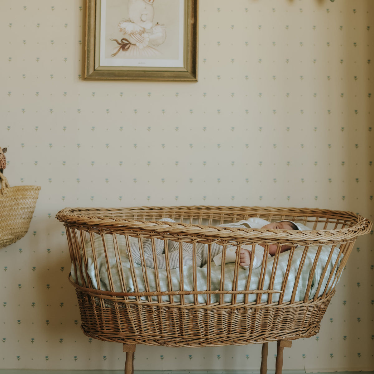 Picnic Gingham Green Crib Sheet with baby fast asleep