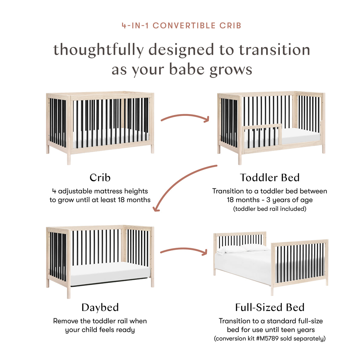Gelato 4-in-1 Convertible Crib with Toddler Bed Conversion Kit in Washed Natural & Black