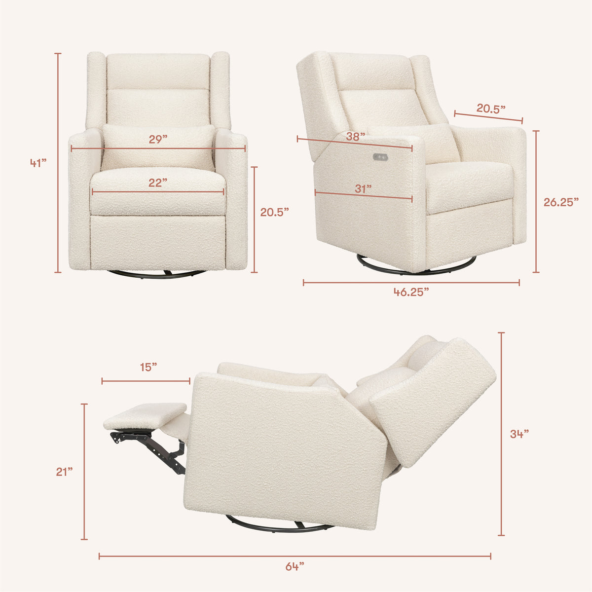 Kiwi Plus Power Recliner and Swivel Glider with Power Adjustable Headrest and USB Port in Performance Ivory Boucle
