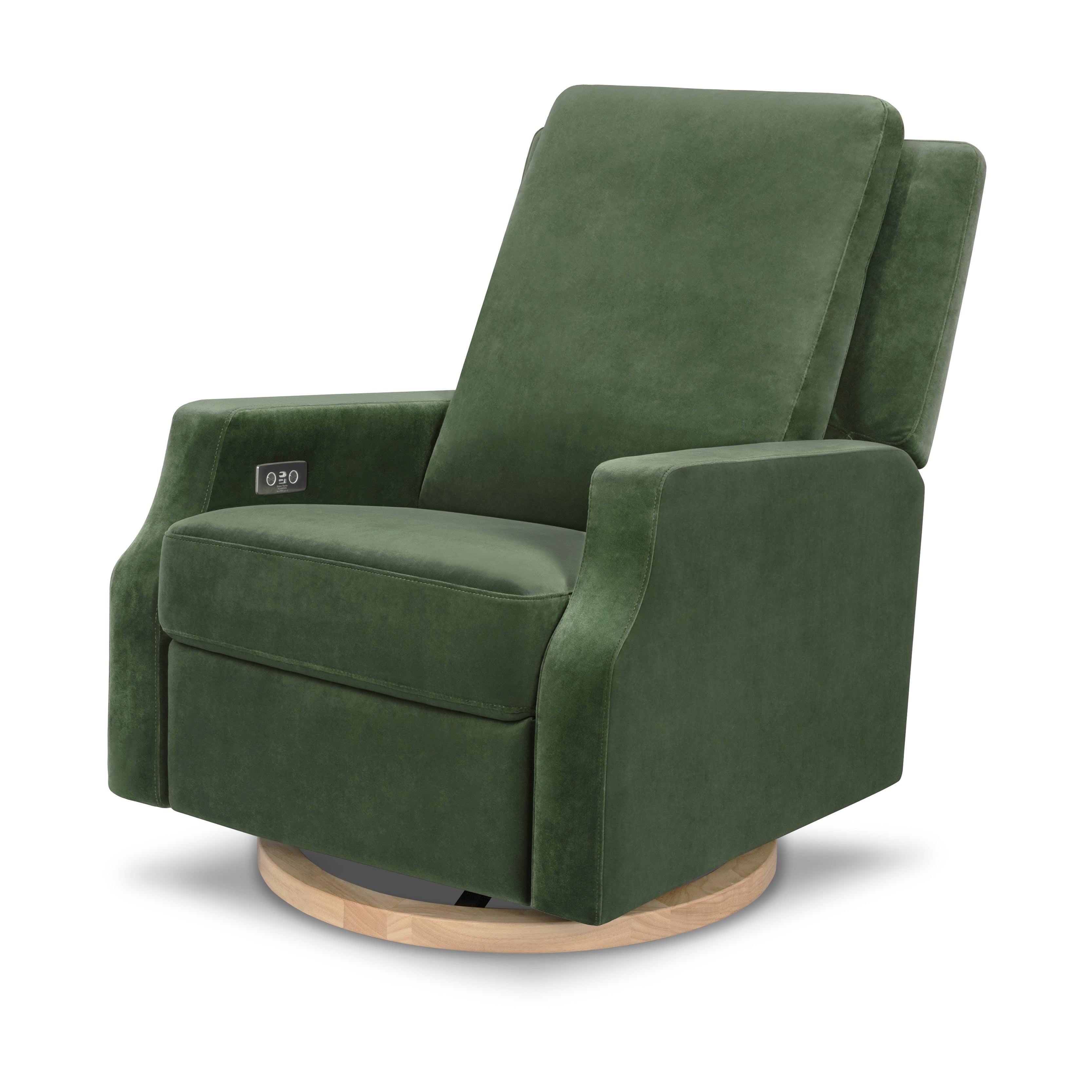 Crewe Electronic Recliner and Swivel Glider in Forest Green Velvet with Light Wood Base