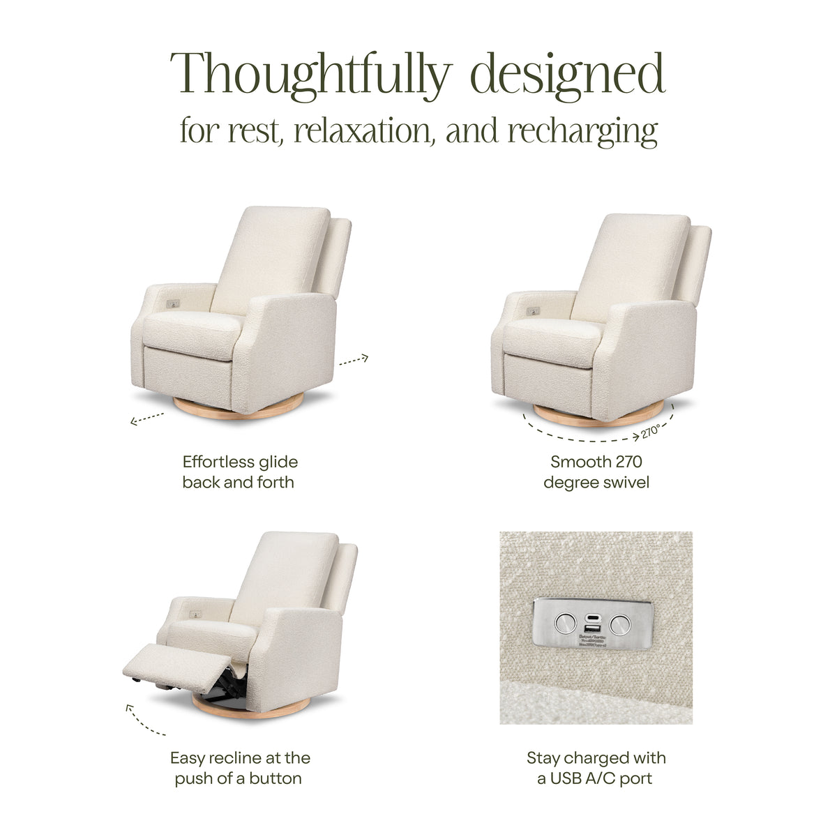 Crewe Electronic Recliner and Swivel Glider in Ivory Boucle with Light Wood Base
