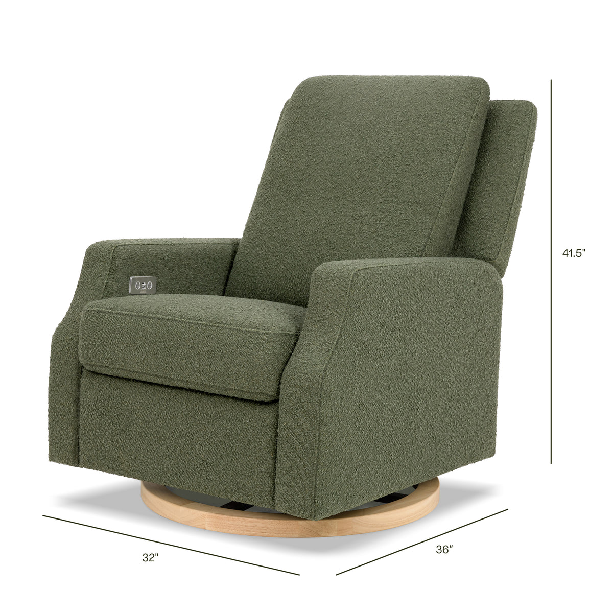 Crewe Electronic Recliner and Swivel Glider in Olive Boucle with Light Wood Base