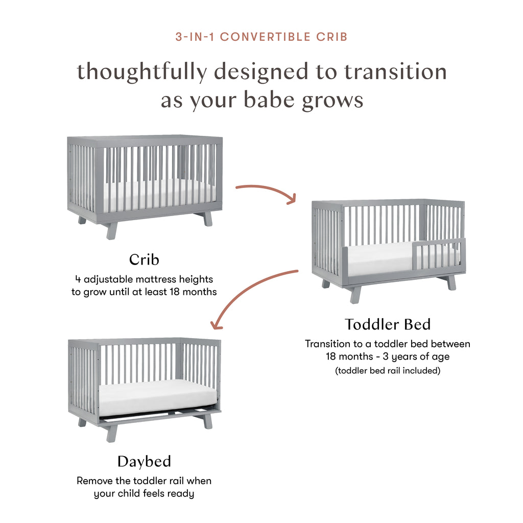 Hudson 3-in-1 Convertible Crib with Toddler Bed Conversion Kit in Grey