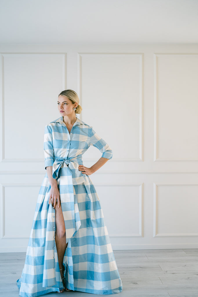 Effortlessly Elegant Gown in Large Blue Check
