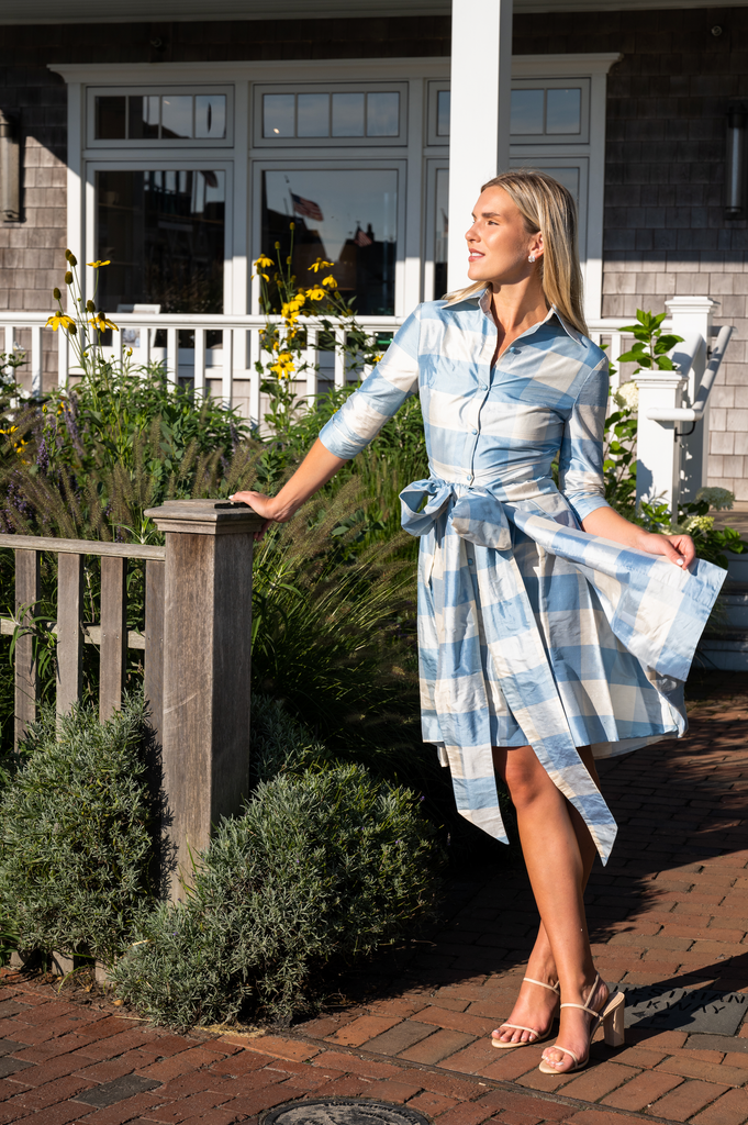 Collared Cocktail Dress in Large Blue Check