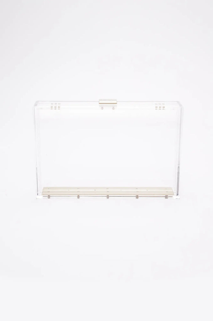 Clear Italian acrylic Mia Acrylic Clutch with Ivory Laser Cut Rose ballot or suggestion box with a front lock on a white background by The Bella Rosa Collection.