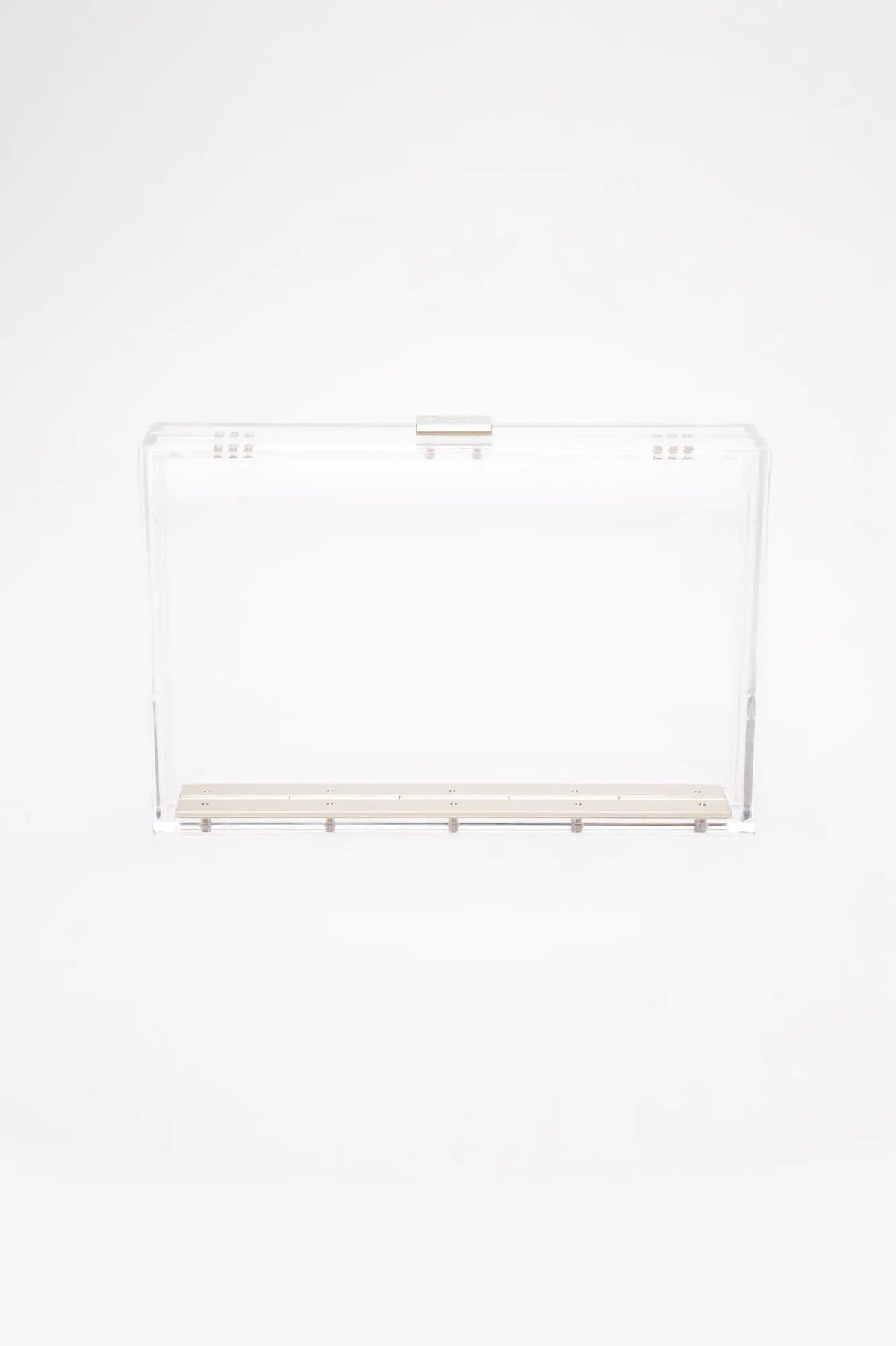 Clear Italian acrylic Mia Acrylic Clutch with Ivory Laser Cut Rose ballot or suggestion box with a front lock on a white background by The Bella Rosa Collection.
