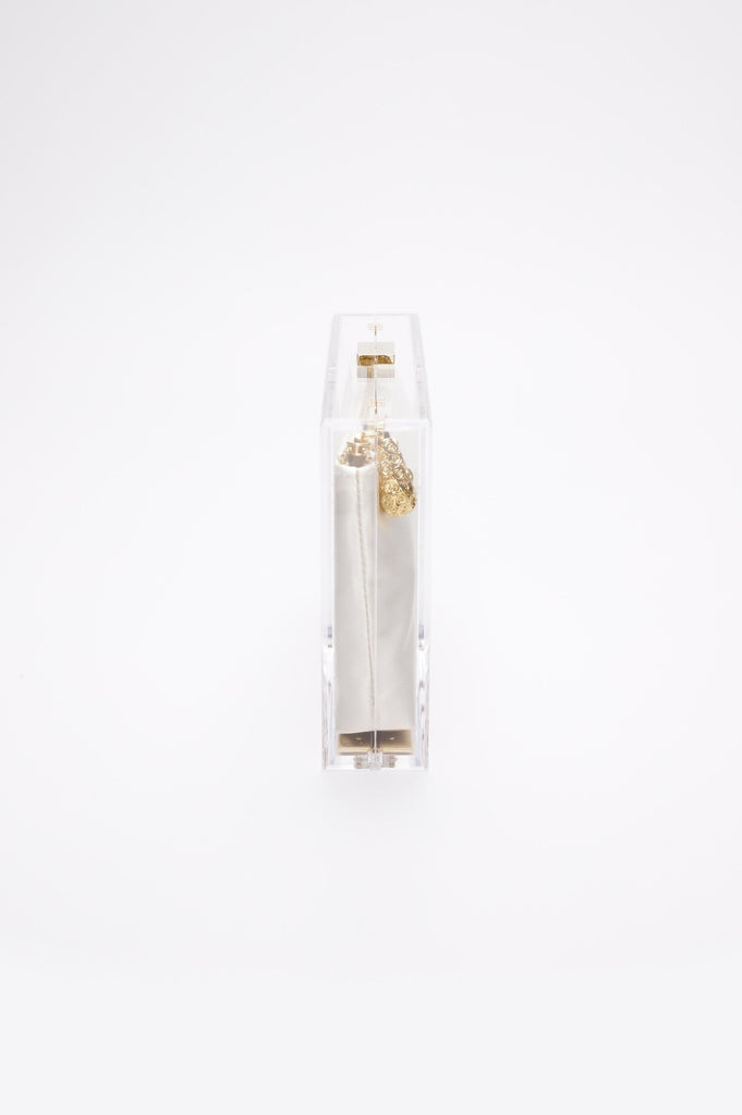 Clear Italian Mia Acrylic Clutch with Ivory Laser Cut Rose award with gold accents on a white background from The Bella Rosa Collection.