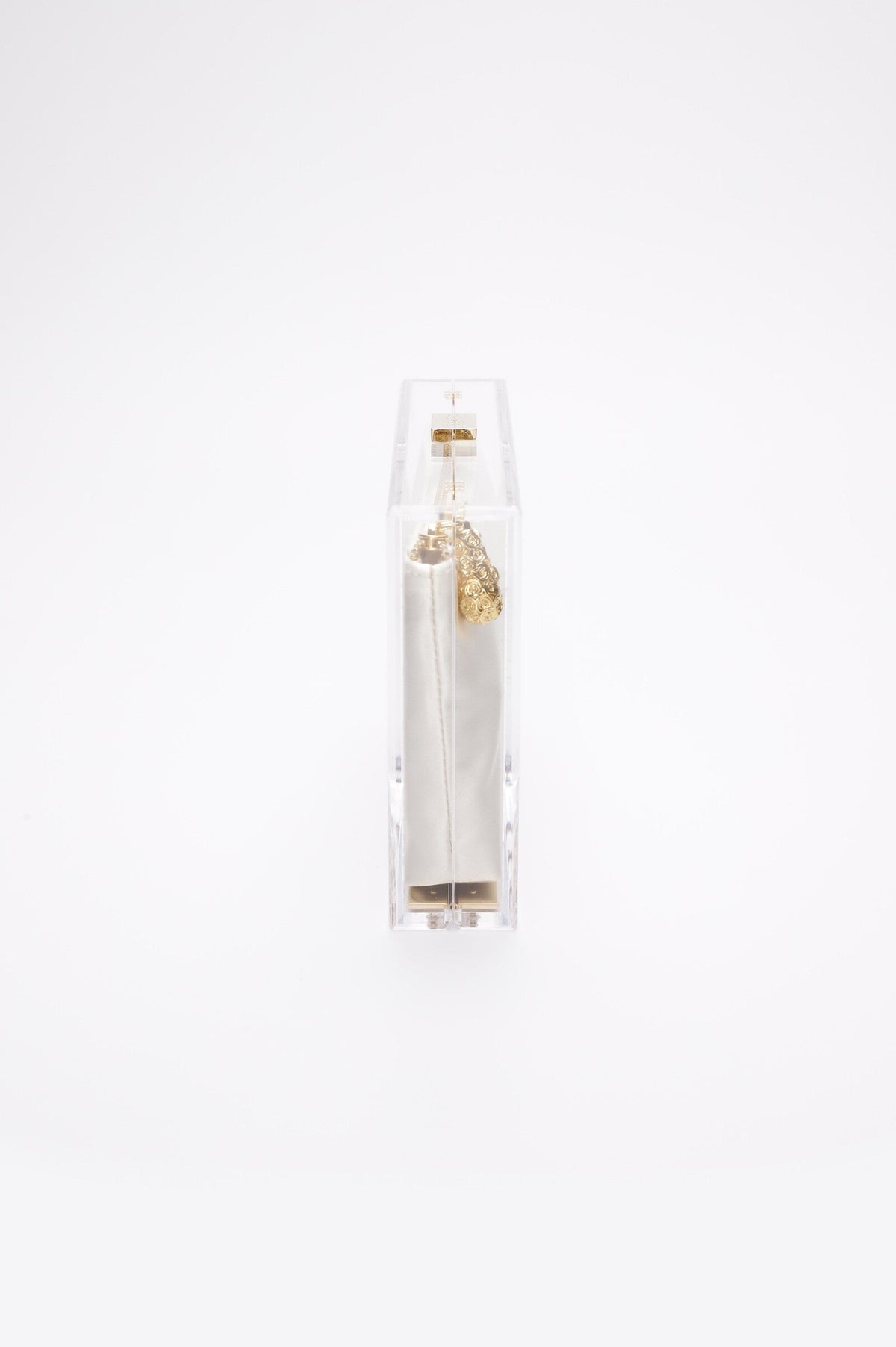 Clear Italian Mia Acrylic Clutch with Ivory Laser Cut Rose award with gold accents on a white background from The Bella Rosa Collection.