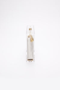 Clear Italian Mia Acrylic Clutch with Ivory Laser Cut Rose award with gold accents on a white background from The Bella Rosa Collection.