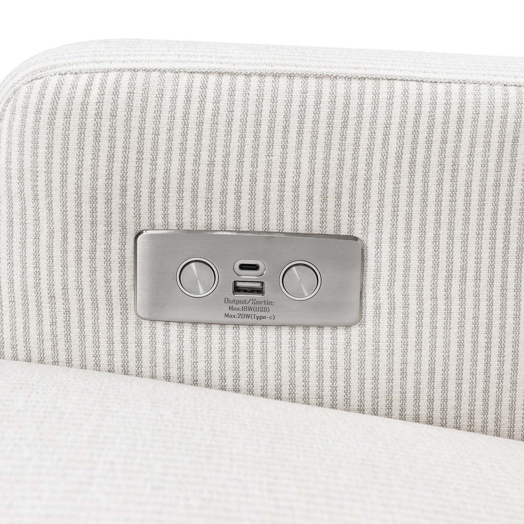 Crewe Electronic Recliner and Swivel Glider in Fog Chatham Stripe Performance Eco-Weave with Light Wood Base