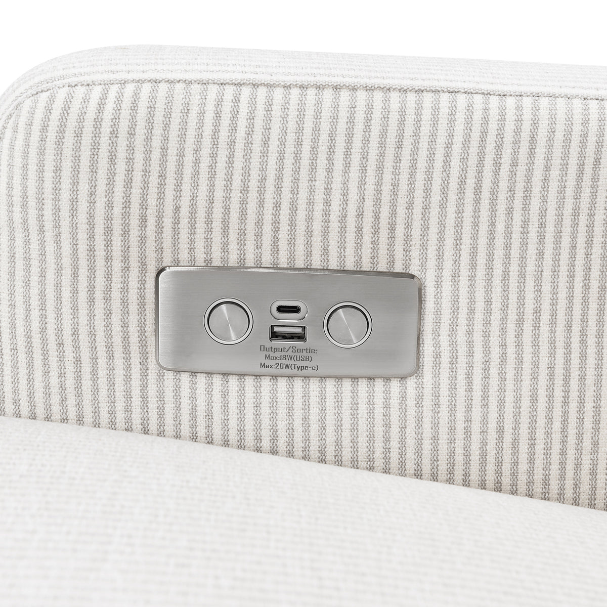Crewe Electronic Recliner and Swivel Glider in Fog Chatham Stripe Performance Eco-Weave with Light Wood Base