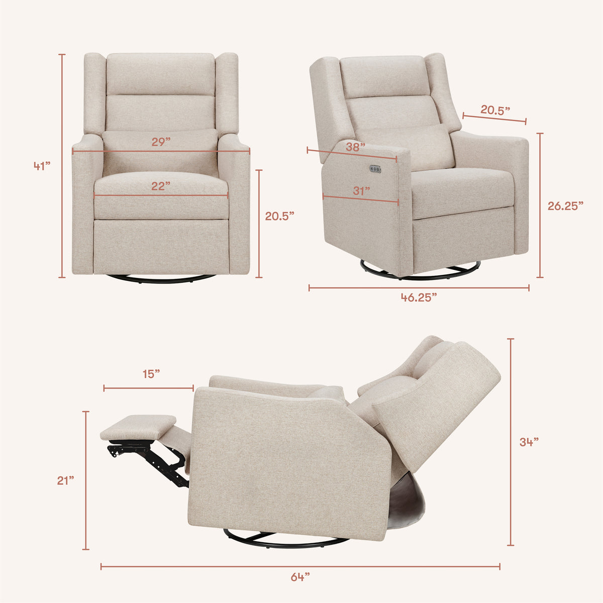 Kiwi Plus Power Recliner and Swivel Glider with Power Adjustable Headrest and USB Port in Performance Beach Eco-Weave
