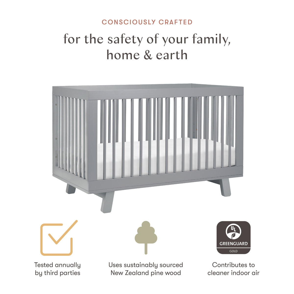 Hudson 3-in-1 Convertible Crib with Toddler Bed Conversion Kit in Grey