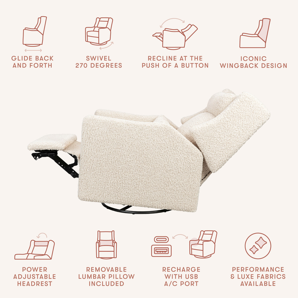 Kiwi Plus Power Recliner and Swivel Glider with Power Adjustable Headrest and USB Port in Almond Teddy Loop