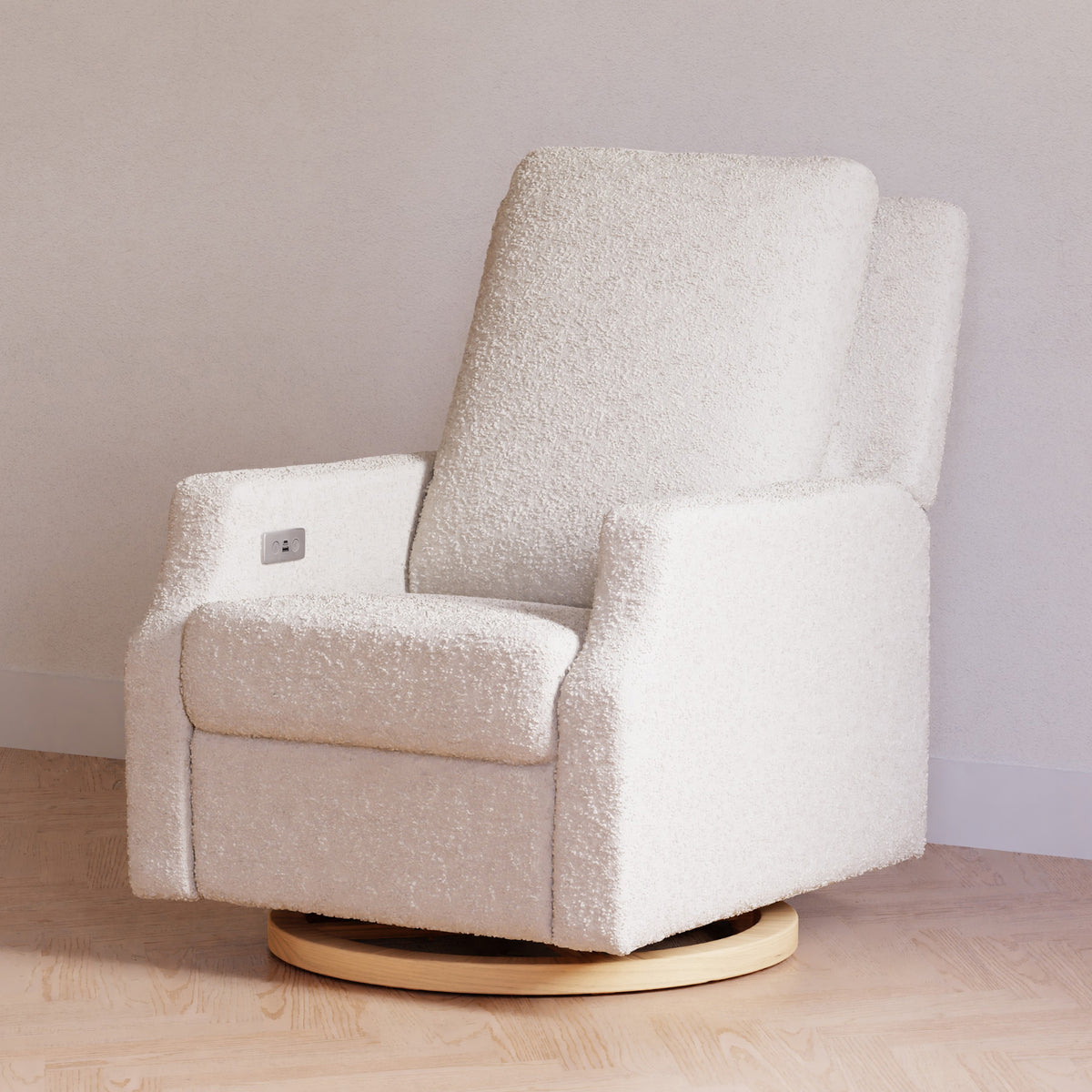 Crewe Electronic Recliner and Swivel Glider in Ivory Boucle with Light Wood Base