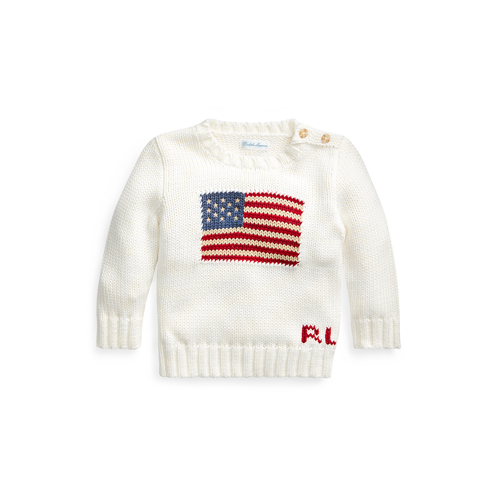 Flag Cotton Crewneck Sweater in White