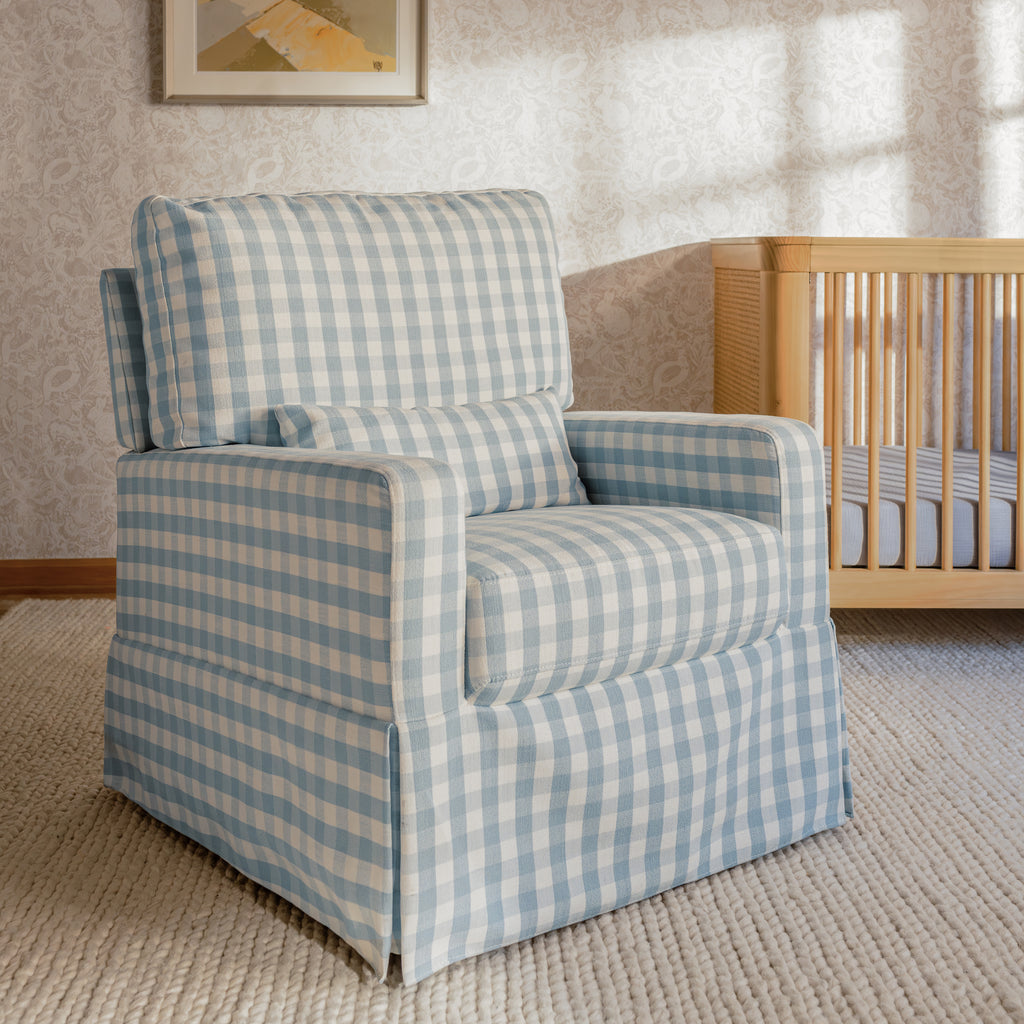 Crawford Pillowback Comfort Swivel Glider in Blue Gingham