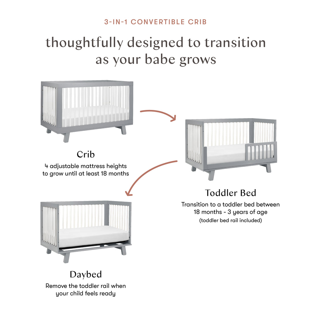 Hudson 3-in-1 Convertible Crib with Toddler Bed Conversion Kit in Grey & White