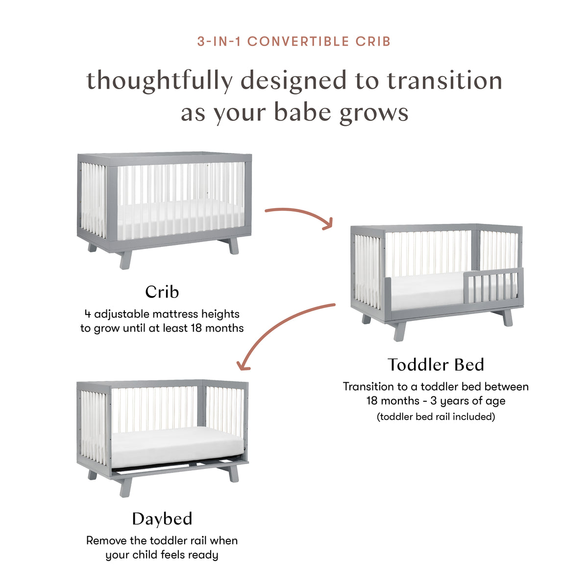 Hudson 3-in-1 Convertible Crib with Toddler Bed Conversion Kit in Grey & White