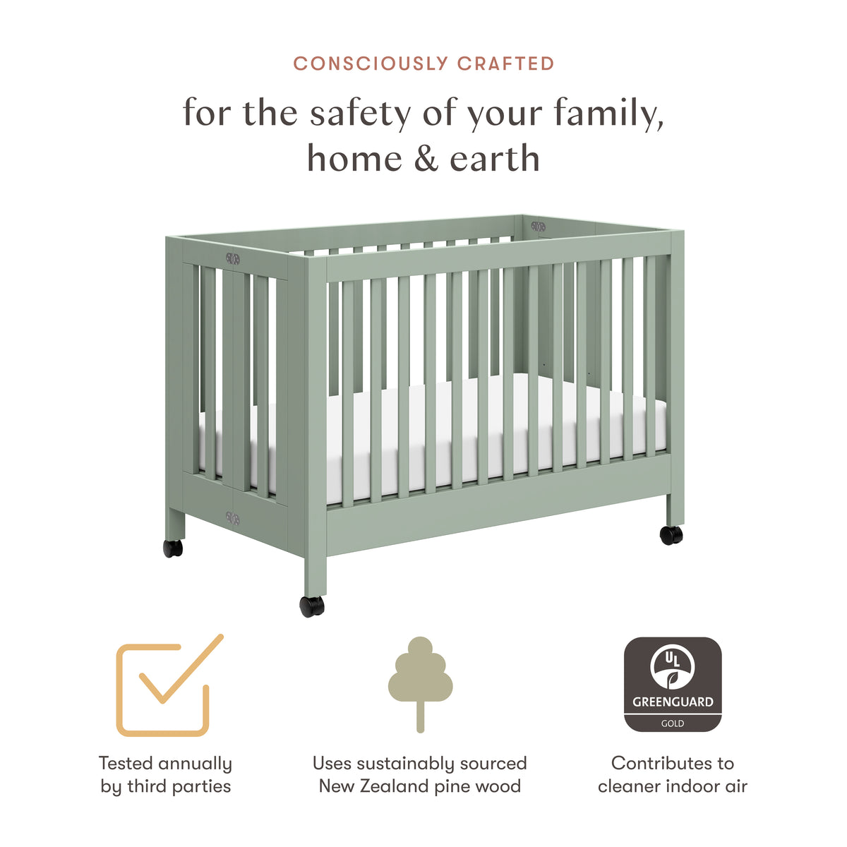 Maki Portable Folding Crib with Toddler Bed Conversion Kit in Light Sage