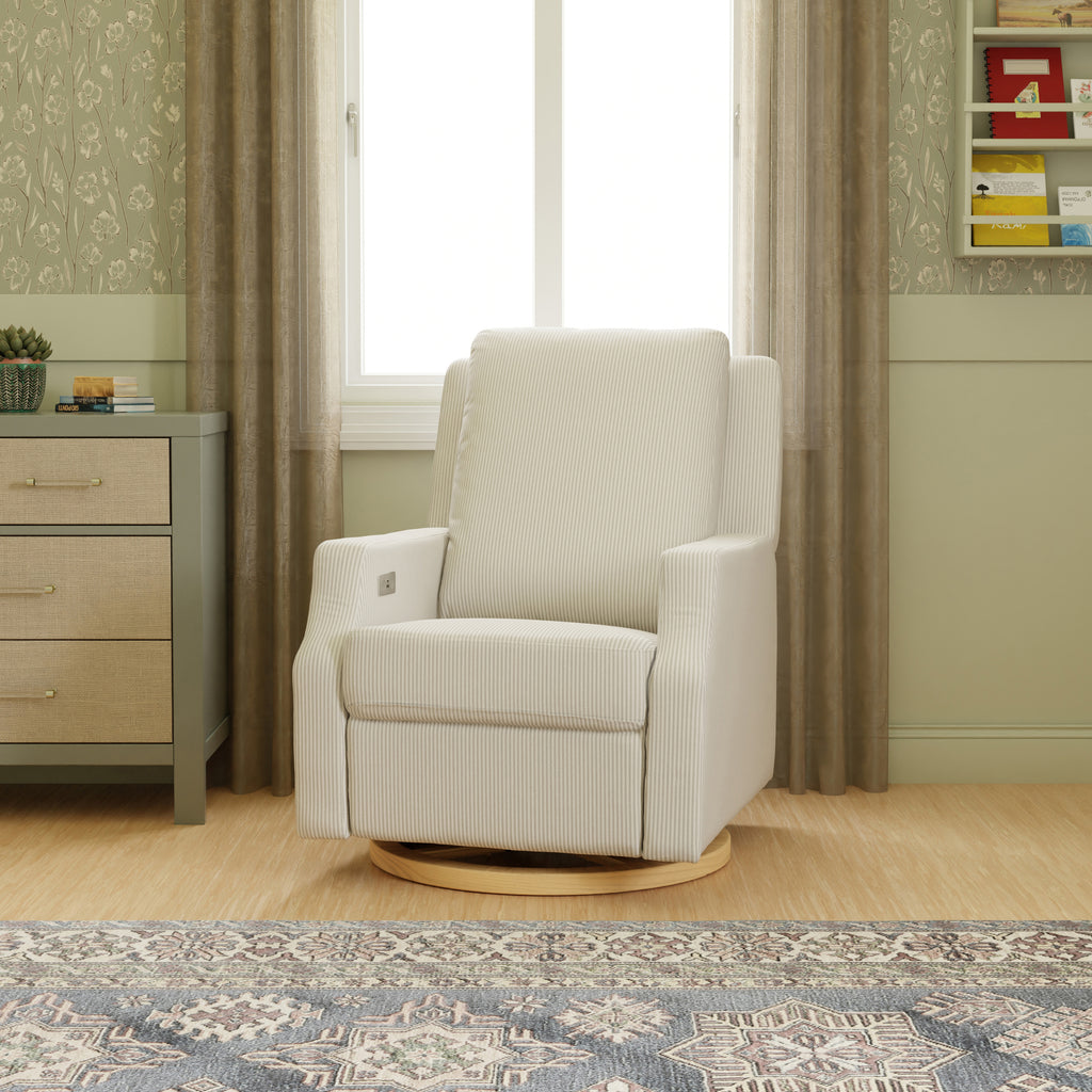 Crewe Electronic Recliner and Swivel Glider in Fog Chatham Stripe Performance Eco-Weave with Light Wood Base