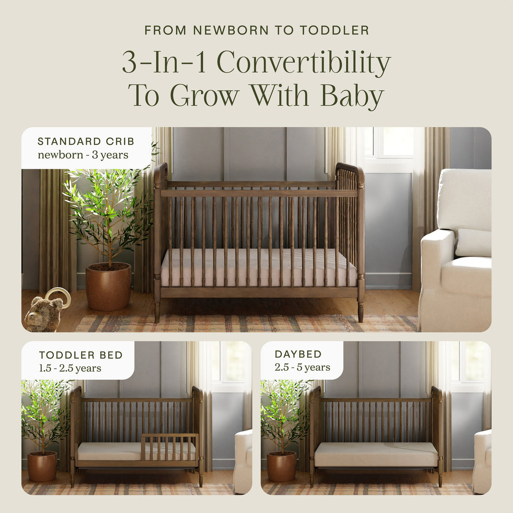 Liberty 3-in-1 Convertible Spindle Crib with Toddler Bed Conversion Kit in Natural Walnut