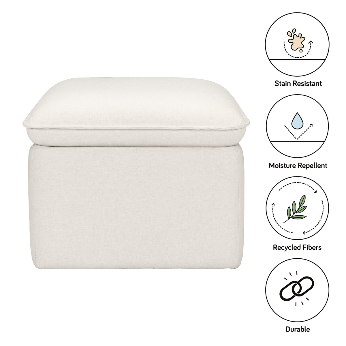 Cali Storage Ottoman in Eco-Performance Fabric | Water Repellent & Stain Resistant in Performance Cream Eco-Weave