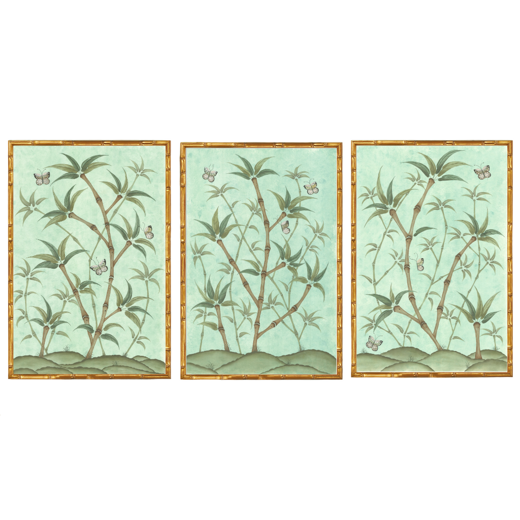 Original Chinoiserie Panels on Silk Triptych | Bamboo En Fleur, Set of 3