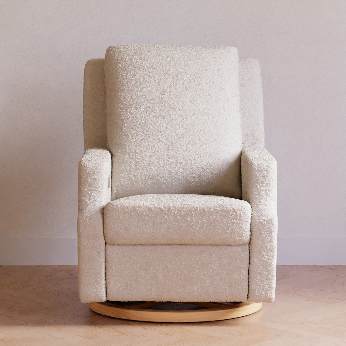 Crewe Electronic Recliner and Swivel Glider in Ivory Boucle with Light Wood Base