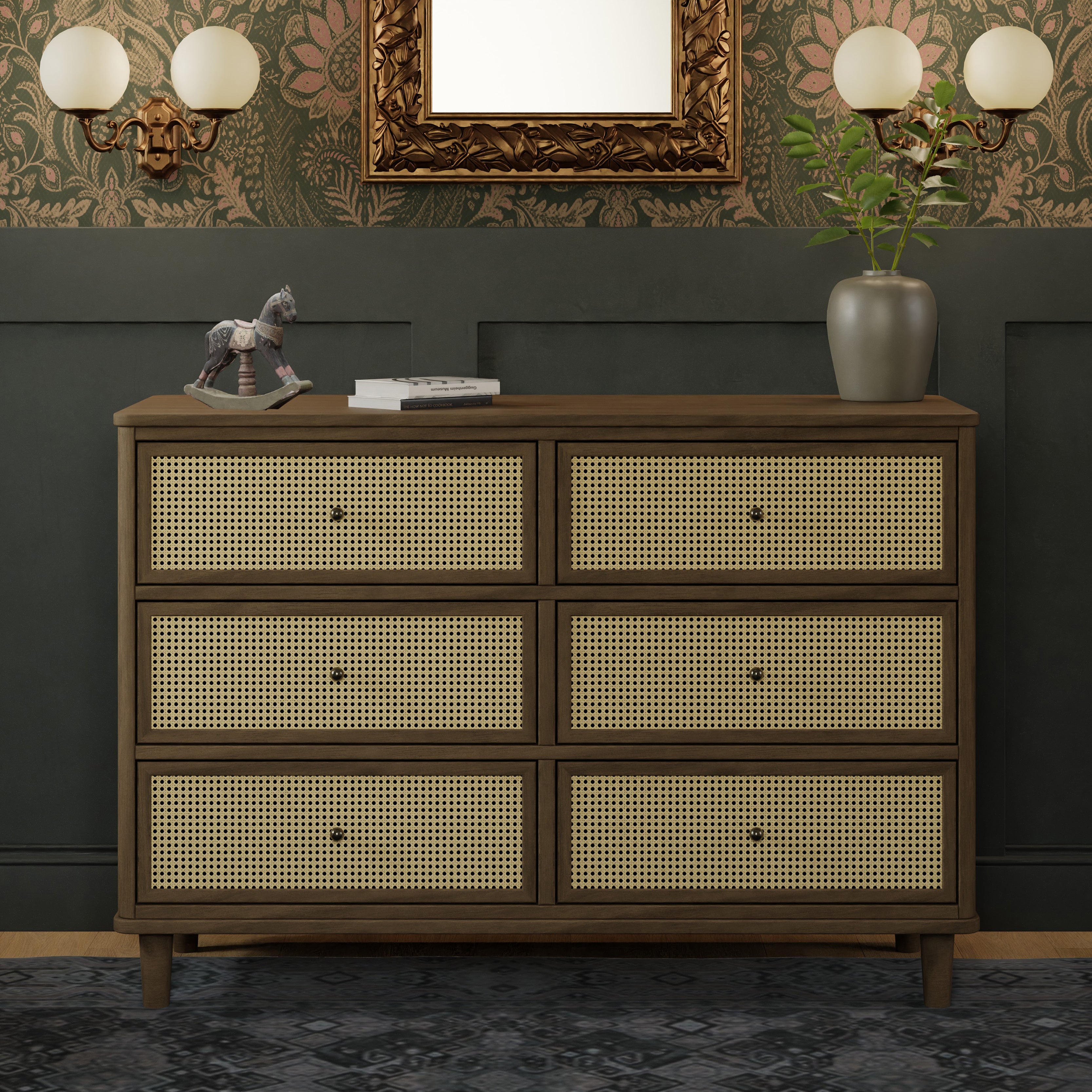 Marin with Cane 6 Drawer Assembled Dresser in Natural Walnut & Blonde Cane