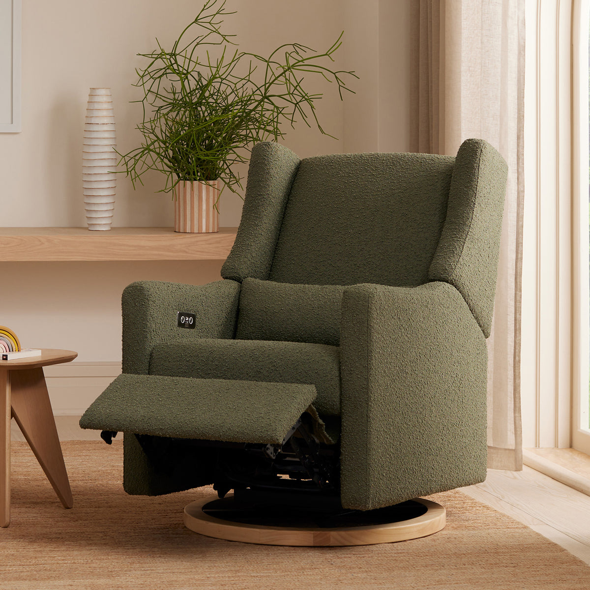 Kiwi Electronic Recliner and Swivel Glider with USB port in Olive Boucle with Light Wood Base